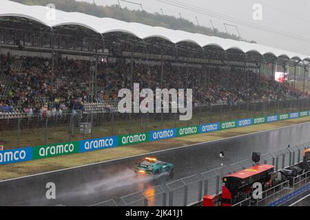 Mogyorod, Hungary. 30th July, 2022. A safe car is seen in the rain at the Formula One Hungarian Grand Prix at the Hungaroring in Mogyorod near Budapest, Hungary, on July 30, 2022. Credit: Attila Volgyi/Xinhua/Alamy Live News Stock Photo