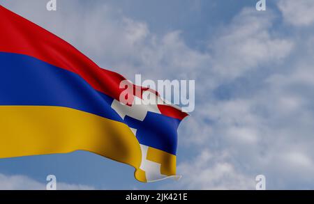 National flag Artsakh, Artsakh flag, fabric flag Artsakh, blue sky background with Artsakh flag, 3D work and 3D image Stock Photo