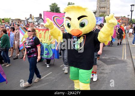 Norwich, England, UK, 30 July 2022. Pride parade - Norwich FC mascot. Credit: Liz Somerville/Alamy Live News Stock Photo