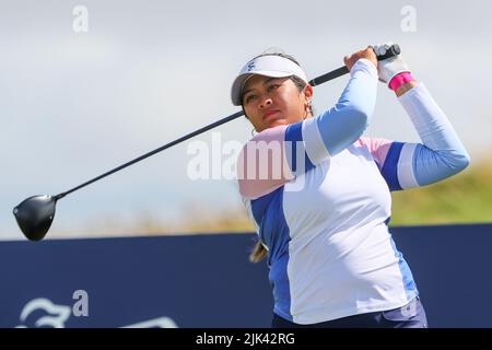 Irvine, UK. 30th July, 2022. The third round of the Trust Golf Women's Scottish Golf took place with 75 players making the cut. Heavy overnight rain from Friday into Saturday made for a softer and more testing course. Image of LILIA Vu teeing off at the 13th Credit: Findlay/Alamy Live News Stock Photo