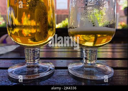 Two tall elegant pint glasses of cold wheat beer with a frothy head on a  wooden bar table conceptual of Oktoberfest Stock Photo - Alamy