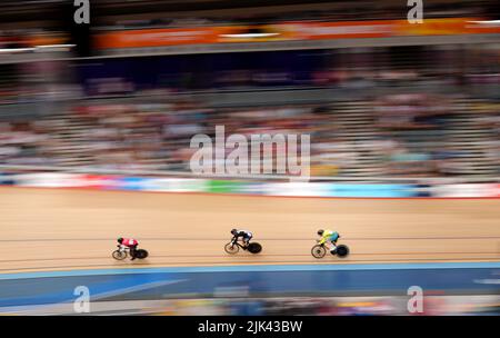 Trinidad and Tobago's Nicholas Paul (left), New Zealand's Sam Webster (centre) and Australia's Thomas Cornish in action during Heat Two in the First Round of the Men's Kierin at Lee Valley VeloPark on day two of the 2022 Commonwealth Games in London. Picture date: Saturday July 30, 2022. Stock Photo