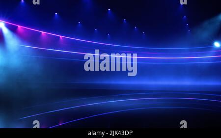 Abstract neon blue lines on black foggy background with reflective surface in scene. Game and show product digital mock up Stock Photo