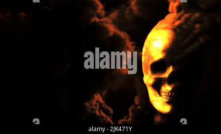 Burning yellow skull with fire bg with free place - war concept - abstract 3D illustration Stock Photo