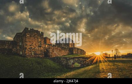 Carlisle Castle view with De Ireby's Tower and The Keep at sunrise.