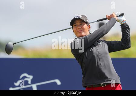 Irvine, UK. 30th July, 2022. The third round of the Trust Golf Women's Scottish Golf took place with 75 players making the cut. Heavy overnight rain from Friday into Saturday made for a softer and more testing course. competitor teeing off at the 12th. Credit: Findlay/Alamy Live News Stock Photo