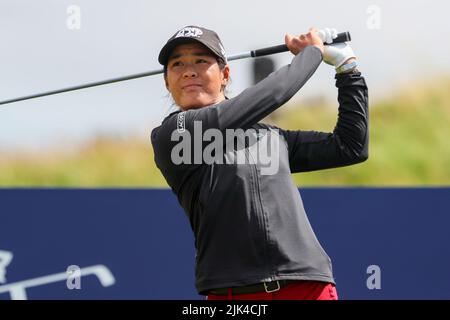 Irvine, UK. 30th July, 2022. The third round of the Trust Golf Women's Scottish Golf took place with 75 players making the cut. Heavy overnight rain from Friday into Saturday made for a softer and more testing course.  teeing off at the 12th. Credit: Findlay/Alamy Live News Stock Photo