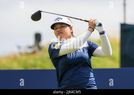 Irvine, UK. 30th July, 2022. The third round of the Trust Golf Women's Scottish Golf took place with 75 players making the cut. Heavy overnight rain from Friday into Saturday made for a softer and more testing course. Wichanee Meedchai teeing off at the 12th. Credit: Findlay/Alamy Live News Stock Photo