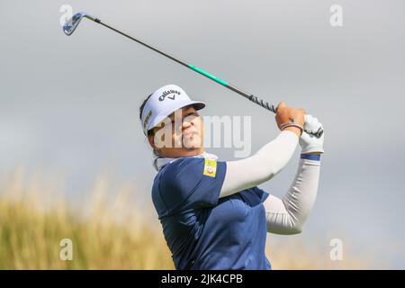 Irvine, UK. 30th July, 2022. The third round of the Trust Golf Women's Scottish Golf took place with 75 players making the cut. Heavy overnight rain from Friday into Saturday made for a softer and more testing course. Wichanee Meechai teeing off at the 11th. Credit: Findlay/Alamy Live News Stock Photo