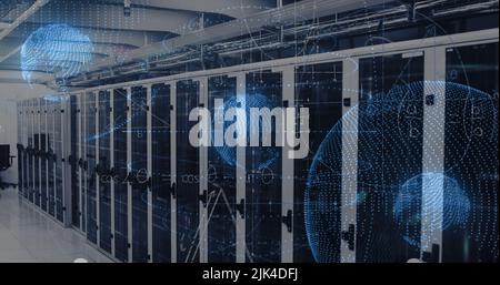 Image of data processing and globe over server room Stock Photo