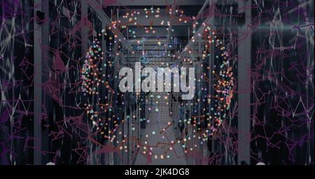 Image of data processing and globe over server room Stock Photo