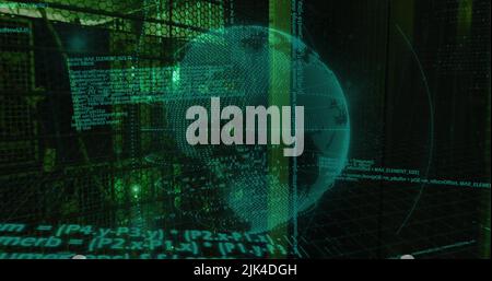 Image of data processing and globe over server room Stock Photo