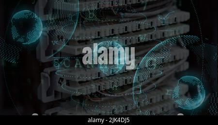 Image of data processing and globe over server room Stock Photo