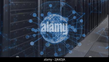 Image of data processing and globe over server room Stock Photo