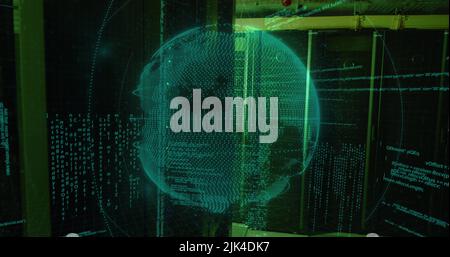 Image of data processing and globe over server room Stock Photo