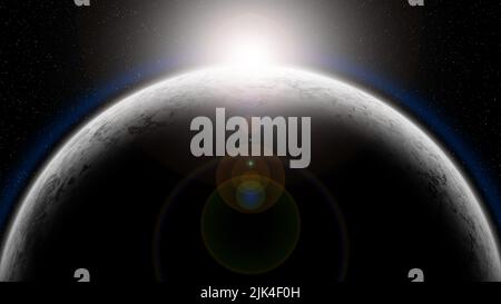 Cinematic frozen alien planet covered in snow and ice. Astronomy, science, fantasy background Stock Photo