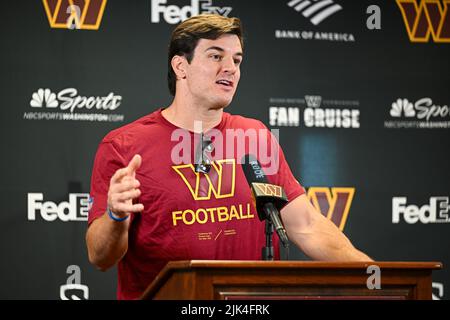 Ashburn, VA, USA. 30th July, 2022. Former Washington Commander defensive end Ryan Kerrigan speaks to the media during his retirement press conference before the Washington Commanders Training Camp practice at the INOVA Sports Performance Center in Ashburn, Va. Reggie Hildred/CSM/Alamy Live News Stock Photo