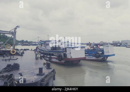 Kolkata Howrah river ferry ghat on a cloudy day. View from BBD Bag Ferry service station. Kolkata West Bengal India South Asia Pacific June 20, 2022 Stock Photo