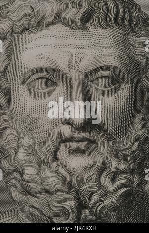 Solon (ca. 640 BC - ca. 558 BC). Athenian lawmaker, statesman and poet, one of the Seven Wise Men of Greece. Portrait. Engraving by Geoffroy. Detail. 'Historia Universal', by César Cantú. Volume I. 1854.