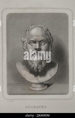 Socrates (469 BC - 399 BC). Greek philosopher. Portrait. Engraving. 'Historia Universal', by César Cantú. Volume I, 1854.
