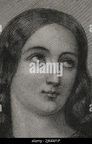 Saint Joan of Arc (1412-1431), so-called the Maid of Orleans. French heroine. Beatified in 1909 and canonized in 1920. Portrait. Engraving by Geoffroy. Detail. 'Historia Universal', by César Cantú. Volume IV, 1856. Stock Photo