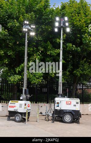 Trime X-City push along & Trime X-Eco K2 towable tower lights in their fully extended positions Stock Photo