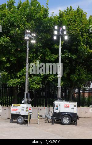 Trime X-City push along & Trime X-Eco K2 towable tower lights in their fully extended positions Stock Photo
