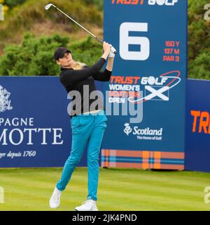 Irvine, UK. 30th July, 2022. The third round of the Trust Golf Women's Scottish Golf took place with 75 players making the cut. Heavy overnight rain from Friday into Saturday made for a softer and more testing course. Maude Aimee leblanc on the 6th tee. Credit: Findlay/Alamy Live News Stock Photo