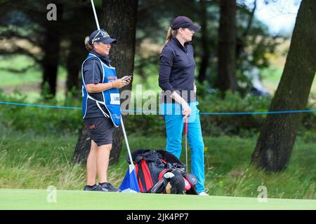 Irvine, UK. 30th July, 2022. The third round of the Trust Golf Women's Scottish Golf took place with 75 players making the cut. Heavy overnight rain from Friday into Saturday made for a softer and more testing course. Maude Aimee Leblanc on the 6th green. Credit: Findlay/Alamy Live News Stock Photo