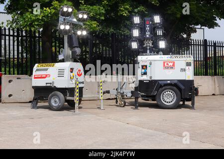 Trime X-City  push along & Trime X-Eco K2 road towable tower lights in their retracted positions Stock Photo