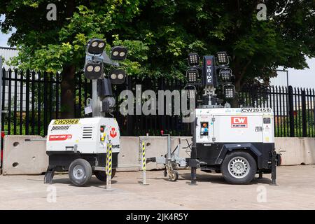 Trime X-City  push along & Trime X-Eco K2 road towable tower lights in their retracted positions Stock Photo