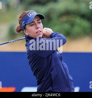 Irvine, UK. 30th July, 2022. The third round of the Trust Golf Women's Scottish Golf took place with 75 players making the cut. Heavy overnight rain from Friday into Saturday made for a softer and more testing course. Georga HAll teeing of at the first. Credit: Findlay/Alamy Live News Stock Photo