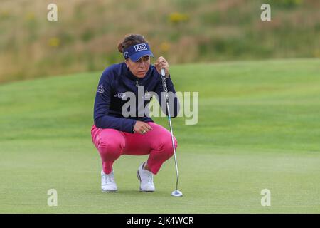 Irvine, UK. 30th July, 2022. The third round of the Trust Golf Women's Scottish Golf took place with 75 players making the cut. Heavy overnight rain from Friday into Saturday made for a softer and more testing course. Georgiia Hall putting at the 3rd. Credit: Findlay/Alamy Live News Stock Photo