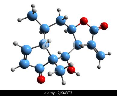 3D image of Helenalin skeletal formula - molecular chemical structure of toxic sesquiterpene lactone isolated on white background Stock Photo