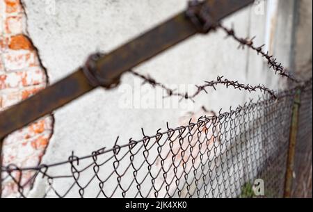 Old barbed wire fence. Rusty barbed wire on a brick wall background with peeling plaster. Stock Photo