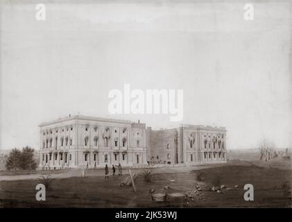 U.S. Capitol after burning by the British.  Drawing shows the ruins of the U.S. Capitol following British attempts to burn the building; includes fire damage to the Senate and House wings, damaged colonnade in the House of Representatives shored up with firewood to prevent its collapse, and the shell of the rotunda with the facade and roof missing. George Munger drawing. Stock Photo