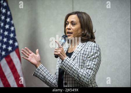 Washington, United States. 30th July, 2022. Vice President Kamala Harris speaks with Democratic National Committee staff and volunteers to commemorate 100 days from the midterms on Saturday, July 30, 2022 in Washington, DC. Photo by Bonnie Cash/UPI Credit: UPI/Alamy Live News Stock Photo