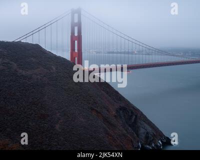 Poor visibility towards Golden Gate Bridge on a foggy July afternoon. Stock Photo