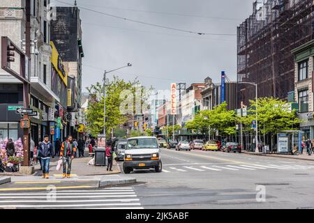 New York, NY/USA - 05-07-2016: City view of Harlem neighborhood in upper heights of New York City. Stock Photo