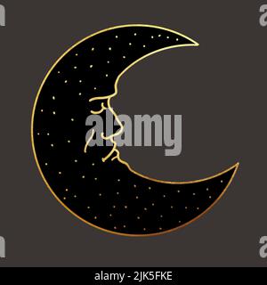 Illustration of a crescent moon. Moon tarot card. graphic illustration with gold lines on a dark background Stock Photo