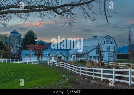 Rural farm buildings at dusk near chilliwack, British Columbia, Canada. Stock Photo