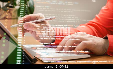WWW programming. Web programming functions on laptop on laptop. IT business. Python code computer screen. Mobile application design Concept. Stock Photo