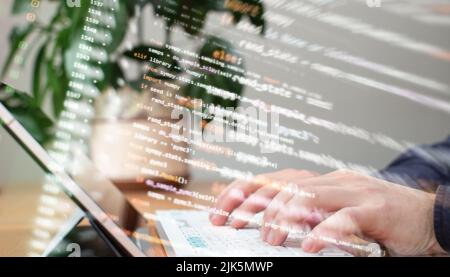 WWW programming. Web programming functions on laptop on laptop. IT business. Python code computer screen. Mobile application design Concept. Stock Photo