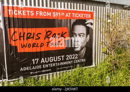 Adelaide, Australia 31 July 2022. A poster promoting American comedian Chris Rock who is due to perform in Adelaide as part of  his world tour.  Chris Rock was involved in an altercation with actor Will Smith who slapped him during a live telecast while hosting  the Academy awards in Los Angeles Credit. amer ghazzal/Alamy Live News Stock Photo