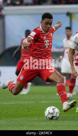 Leipzig, Germany. 30th July, 2022. Soccer: DFL Supercup, RB Leipzig - Bayern Munich, Red Bull Arena. Jamal Musiala in action. Credit: Hendrik Schmidt/dpa/Alamy Live News Stock Photo