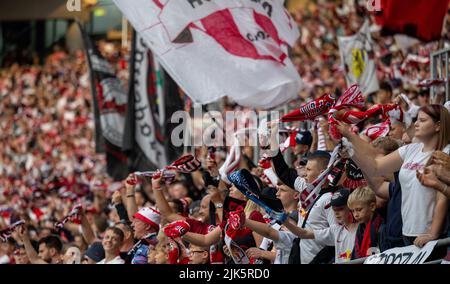Leipzig, Germany. 30th July, 2022. Soccer: DFL Supercup, RB Leipzig - Bayern Munich, Red Bull Arena. RB fans support their team. Credit: Hendrik Schmidt/dpa/Alamy Live News Stock Photo