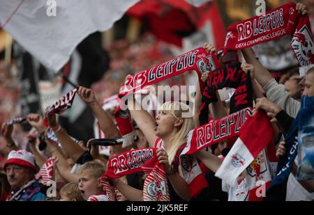 Leipzig, Germany. 30th July, 2022. Soccer: DFL Supercup, RB Leipzig - Bayern Munich, Red Bull Arena. RB fans support their team. Credit: Hendrik Schmidt/dpa/Alamy Live News Stock Photo