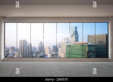 Front view skyscraper modern interior with city view from empty office Stock Photo