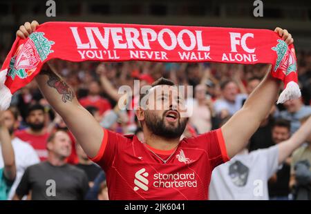 Leicester, UK. 30th July, 2022. Liverpool fan during the The FA Community Shield match at the King Power Stadium, Leicester. Picture credit should read: Paul Terry/Sportimage Credit: Sportimage/Alamy Live News Stock Photo