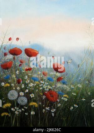 Original oil painting of Opium poppy( Papaver somniferum) and daisy field on canvas.Modern Impressionism Stock Photo